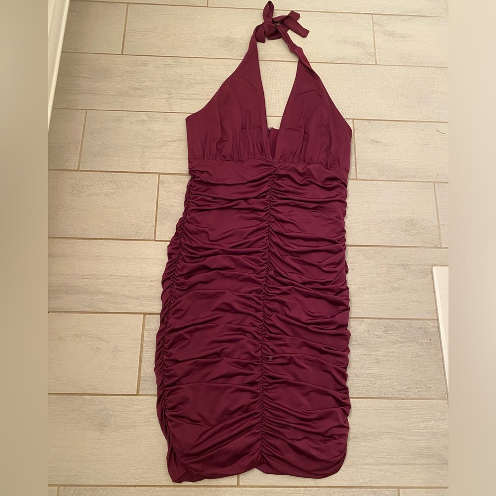 NWOT Venus Size Medium Lined Purple Satin Halter Dress with Ruching Midi Length